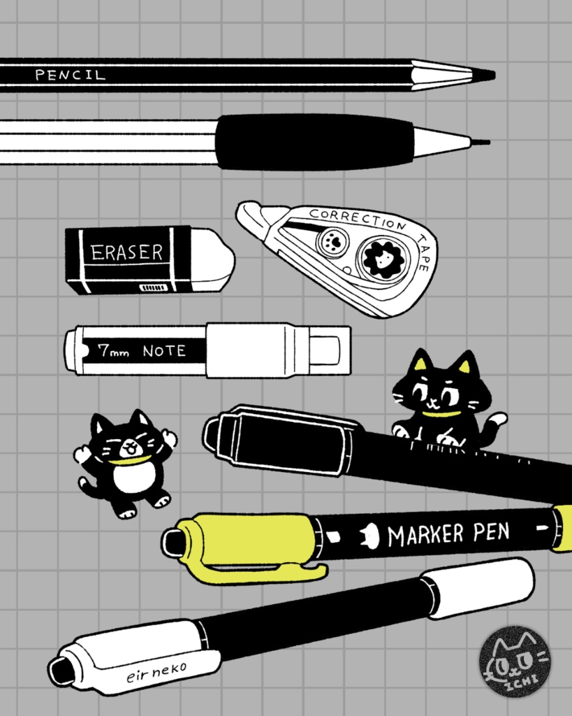 【スマホ用壁紙】7月の文房具と黒猫