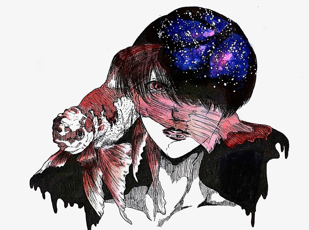手描きアナログイラスト　蘭鋳と宇宙