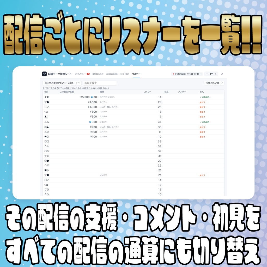 【リリース開始セール中!!~10/5まで】お礼忘れ防止に!!配信データ管理シート【わんコメ】