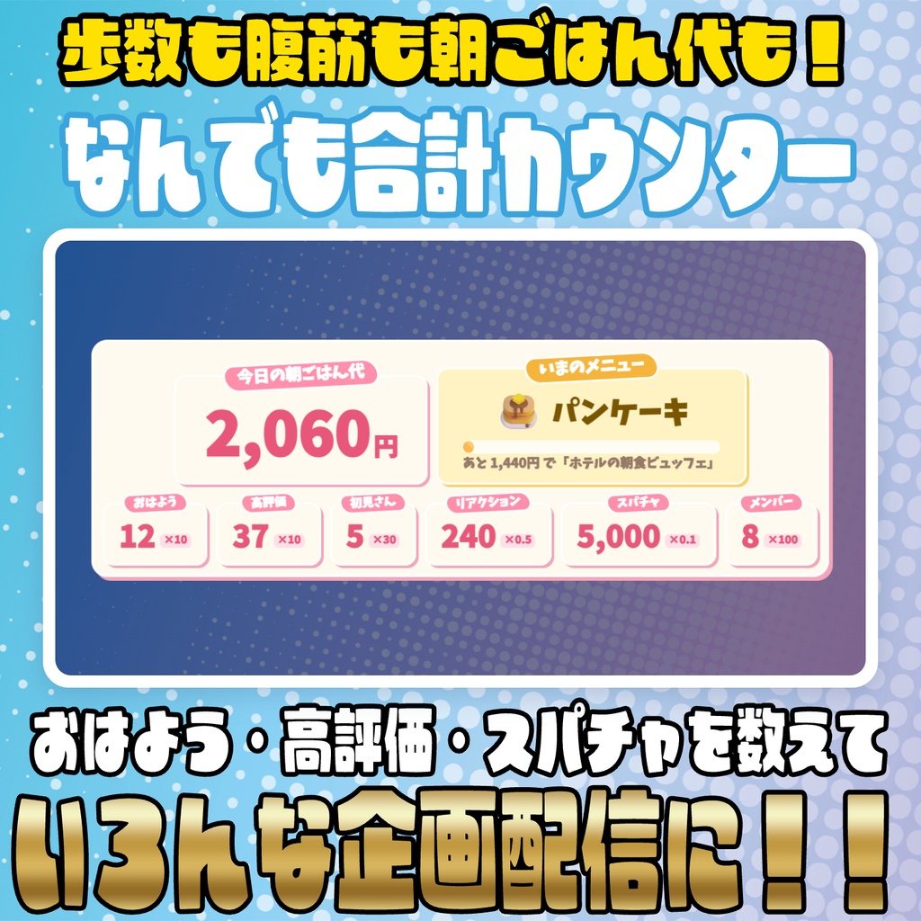 【リリース開始セール中!!~10/5まで】歩数も腹筋も朝ごはん代も！なんでも合計カウンター【わんコメテンプレート】