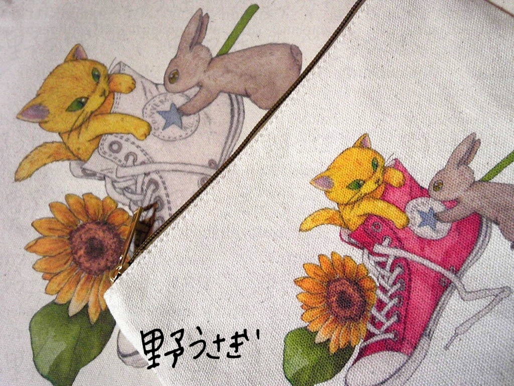 ねこうさトートバッグ + ポーチ(チャーム付き) 紅白セット