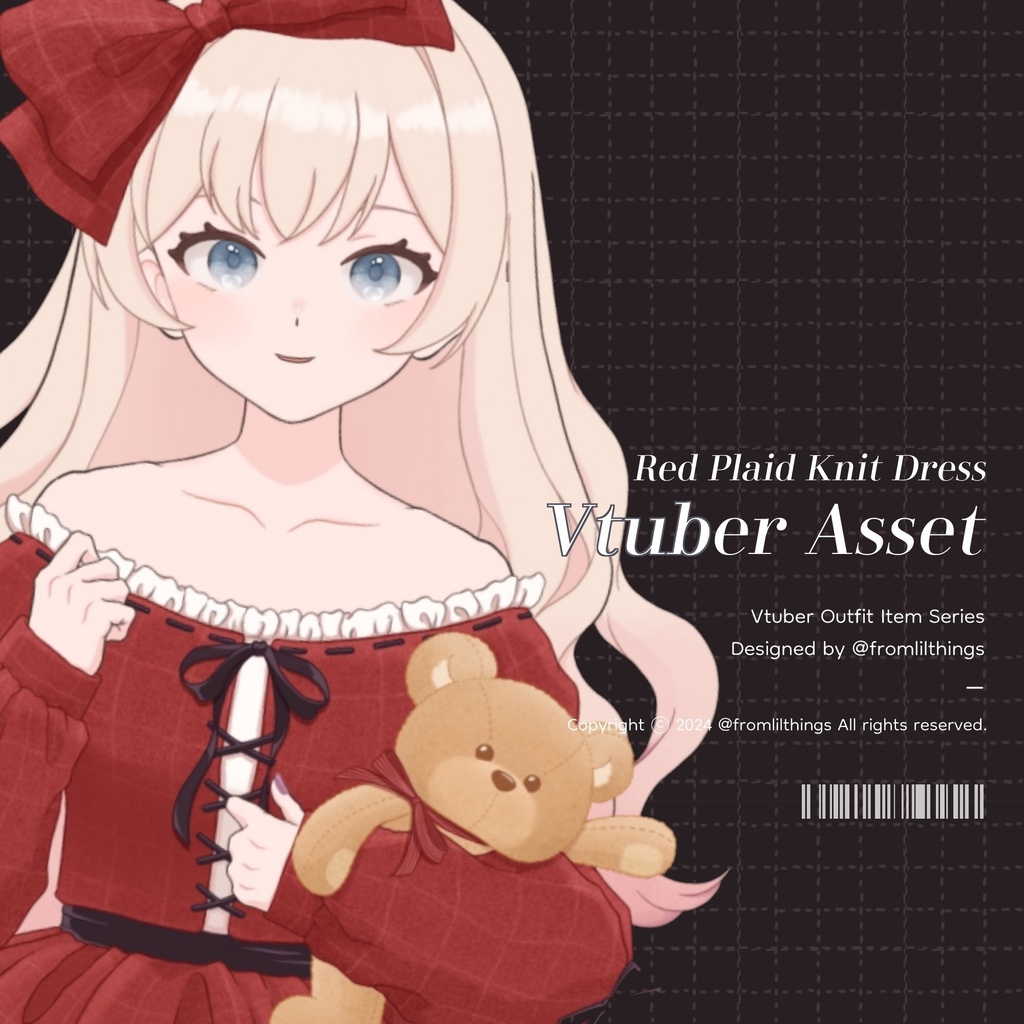 [Live2Dアイテム] Rigged Red Plaid Knit Dress & Hair Ribbon, Live2D asset, VTuber Item, Live2D Item, Vtuber Asset, Vtuber Outfit Asset, Vtuber Christmas Item