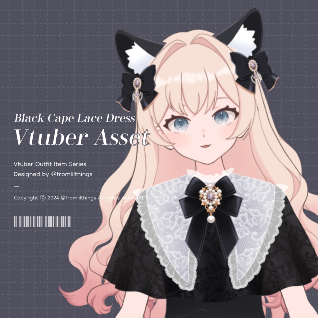 [Live2Dアイテム]  Rigged Black Cape Lace Dress & Black Cat Ear, Live2D asset, VTuber Item, Live2D Item, Vtuber Asset, Vtuber Outfit Asset, Vtuber Dress Item, Vtuber Cat Ear Item