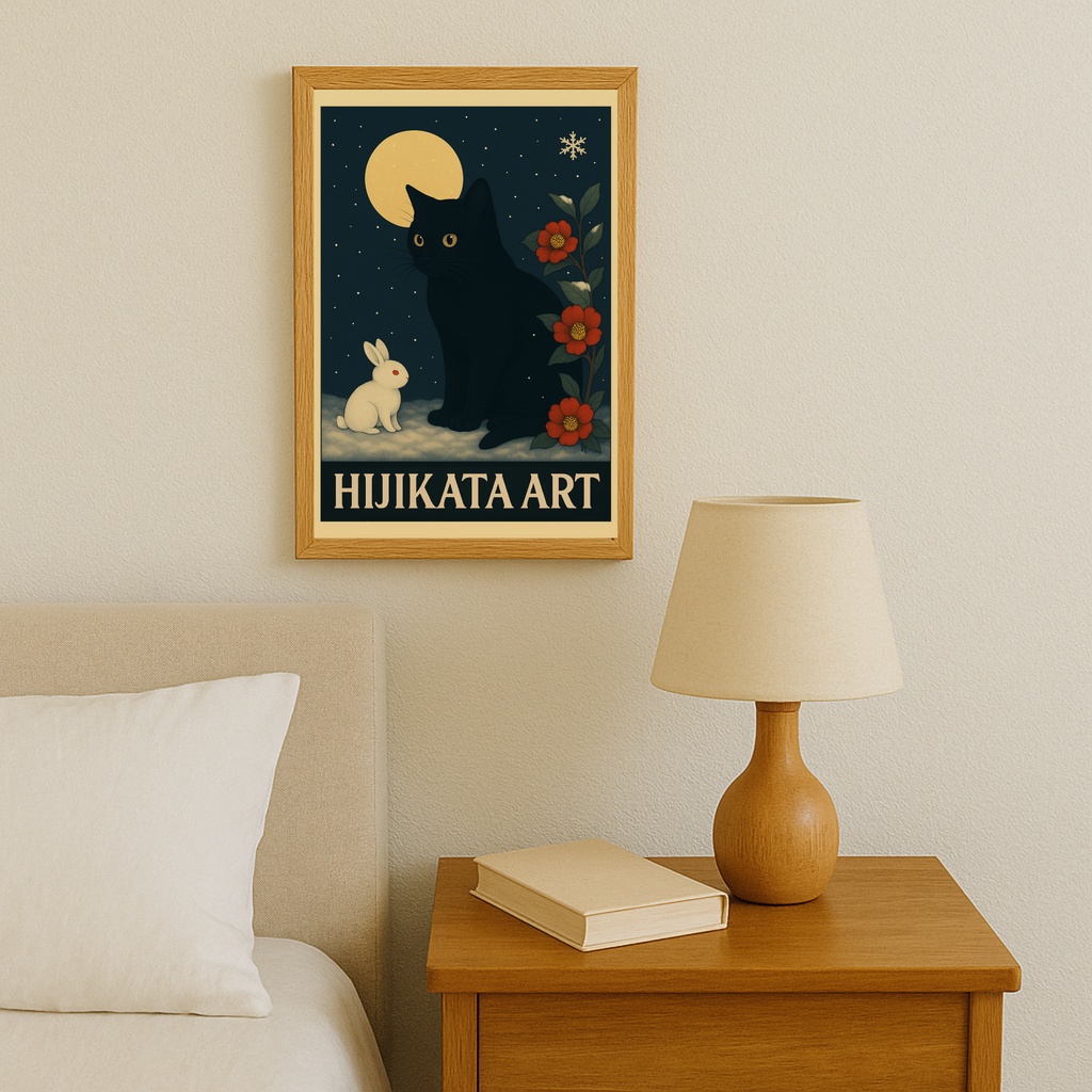 黒猫と雪ウサギの和風ファンタジー表紙素材セット|同人誌向A4/B5余白3種・ポスター&壁紙付