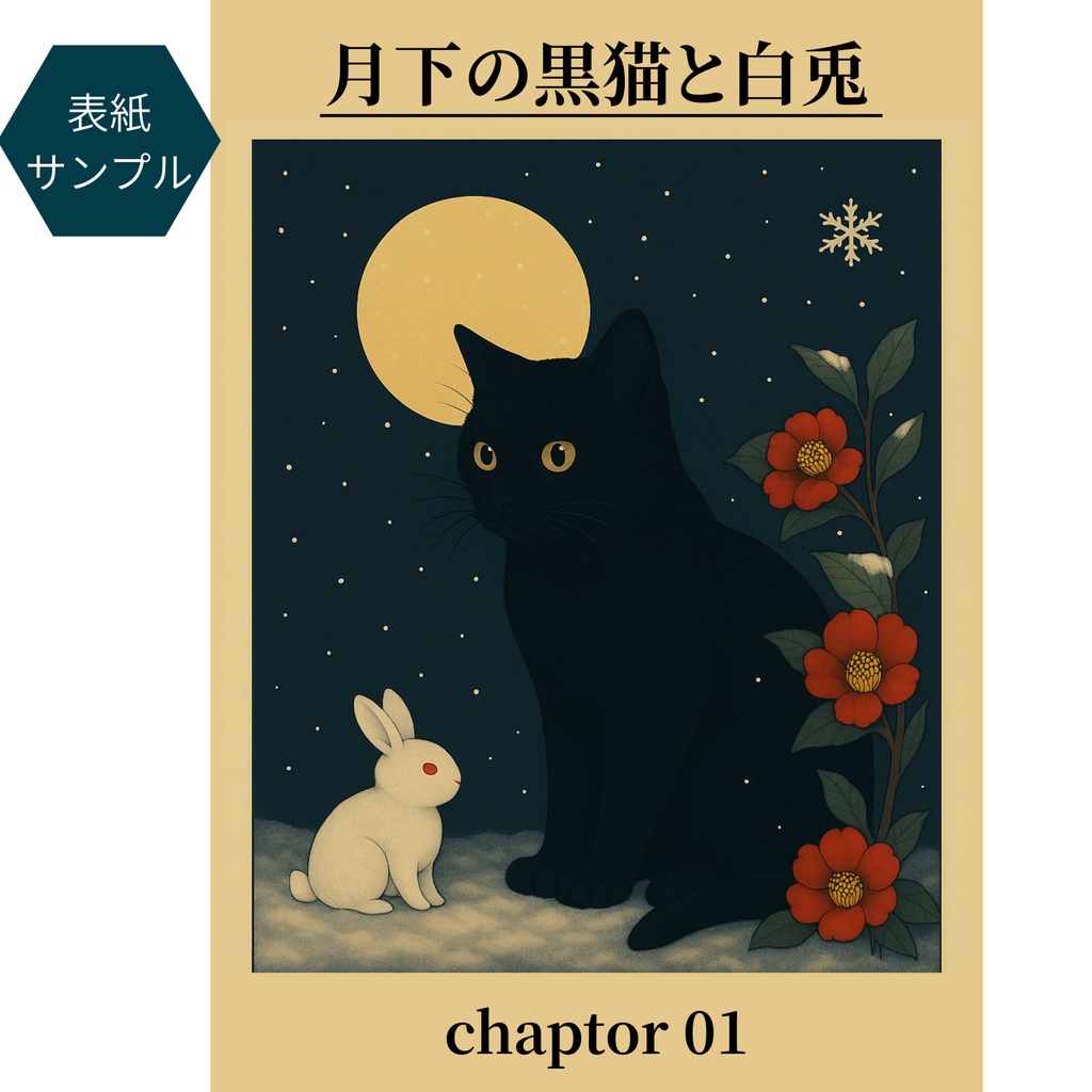黒猫と雪ウサギの和風ファンタジー表紙素材セット|同人誌向A4/B5余白3種・ポスター&壁紙付