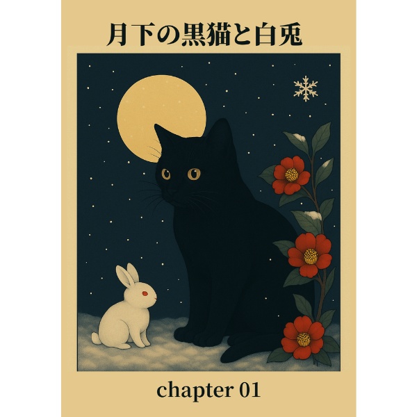 黒猫と雪ウサギの和風ファンタジー表紙素材セット|同人誌向A4/B5余白3種・ポスター&壁紙付