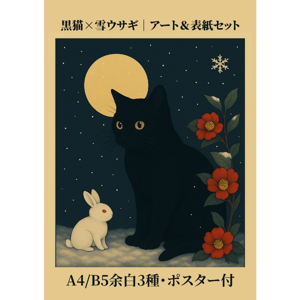 黒猫と雪ウサギの和風ファンタジー表紙素材セット|同人誌向A4/B5余白3種・ポスター&壁紙付