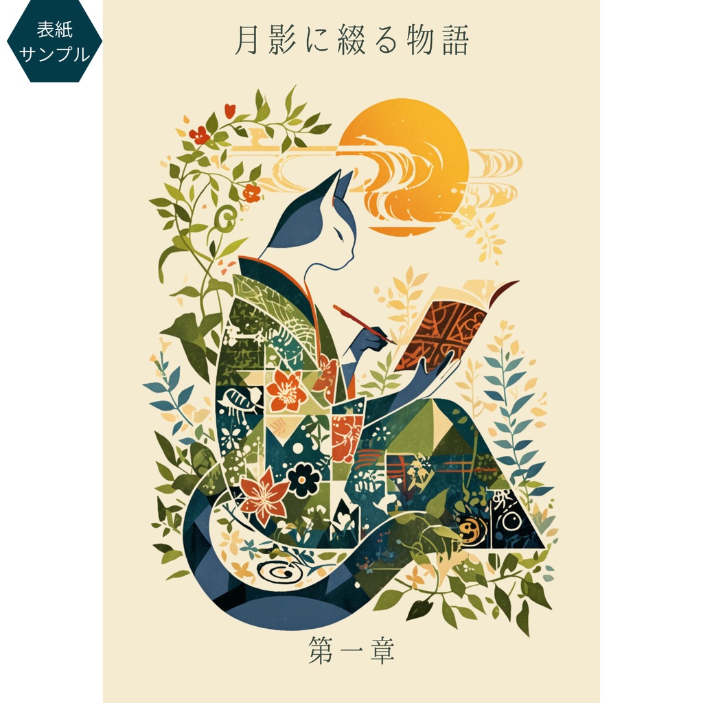 文筆する猫の物語|和風ファンタジー同人誌表紙素材(余白3種)|A4ポスター印刷用付