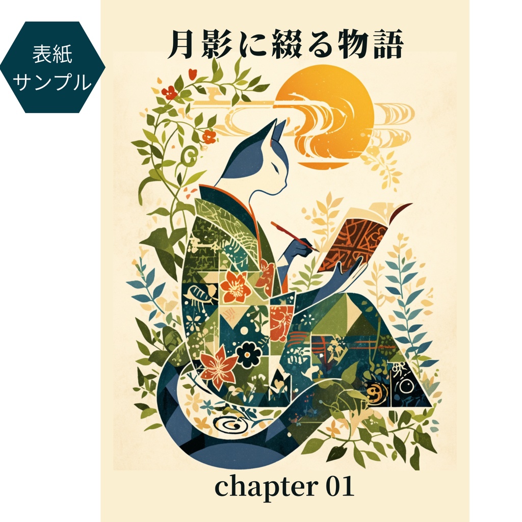 文筆する猫の物語|和風ファンタジー同人誌表紙素材セット|A4/B5 余白3種