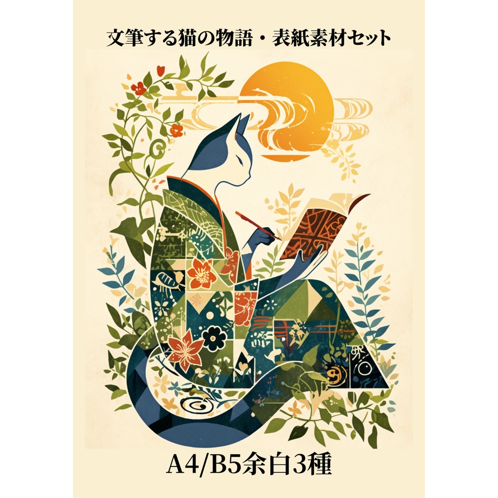文筆する猫の物語｜和風ファンタジー同人誌表紙素材セット｜A4/B5 余白3種
