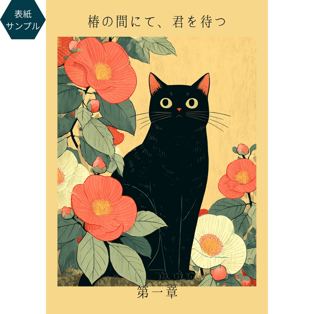 黒猫と椿の和風イラスト|同人誌表紙素材(A4/B5・余白3種・ポスター印刷用付)