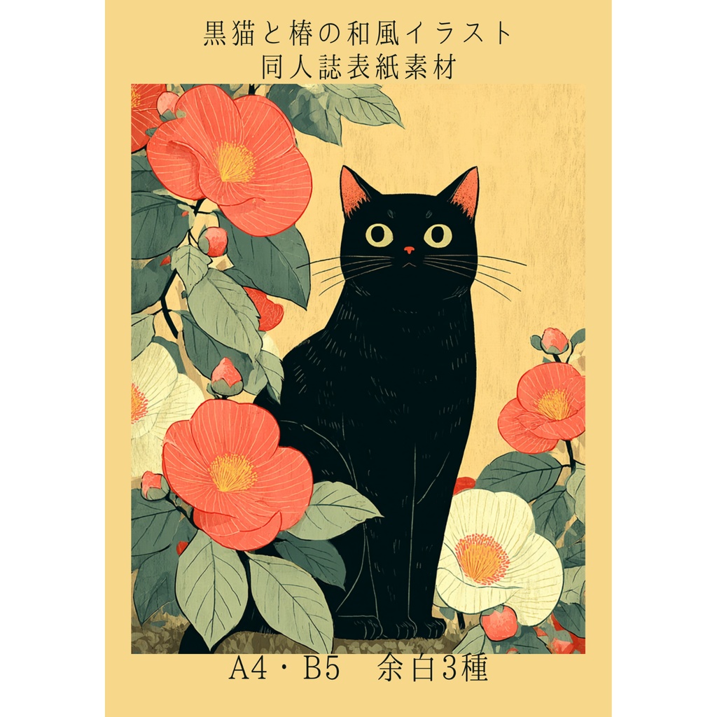 黒猫と椿の和風イラスト｜同人誌表紙素材（A4/B5・余白3種・ポスター印刷用付）