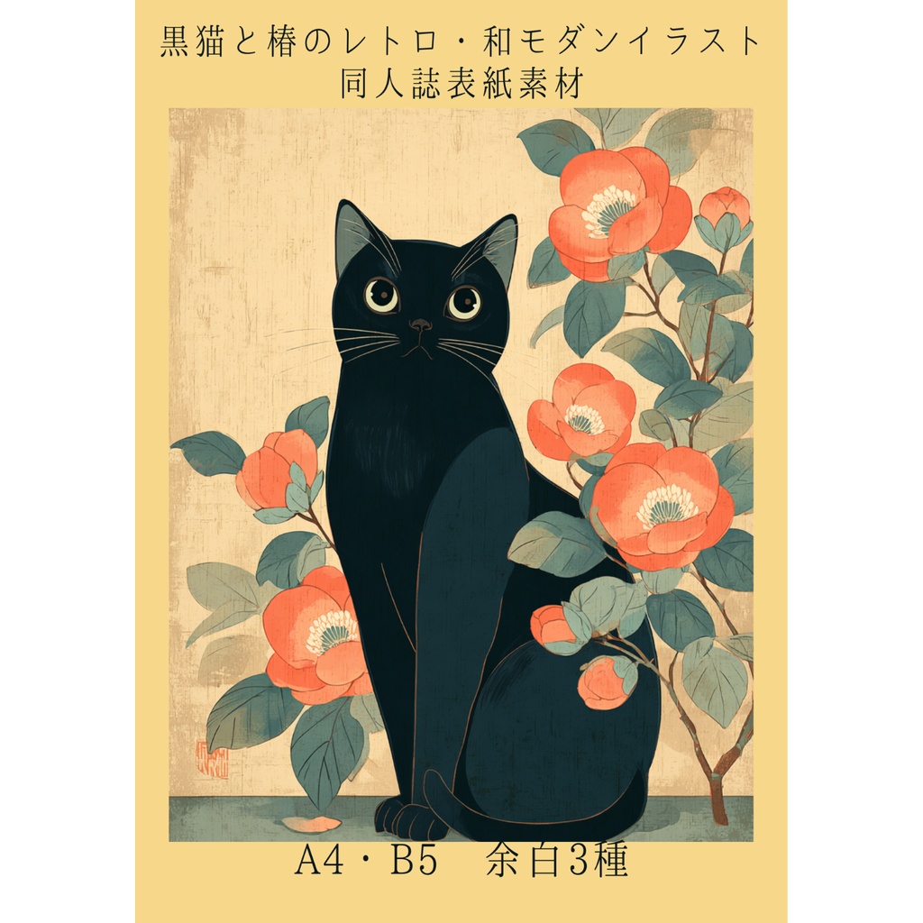 黒猫と椿のレトロ×和モダンイラスト|同人誌表紙素材(A4/B5・余白3種・ポスター印刷用付)