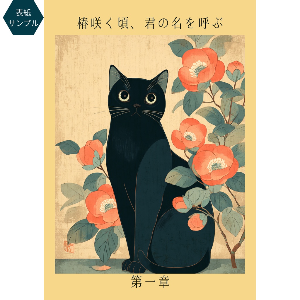 黒猫と椿のレトロ×和モダンイラスト|同人誌表紙素材(A4/B5・余白3種・ポスター印刷用付)