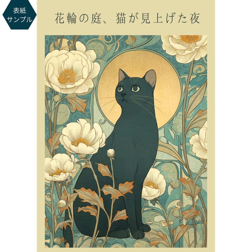 黒猫と花輪の和モダンイラスト|同人誌表紙素材(余白3種)|A4ポスター印刷用付