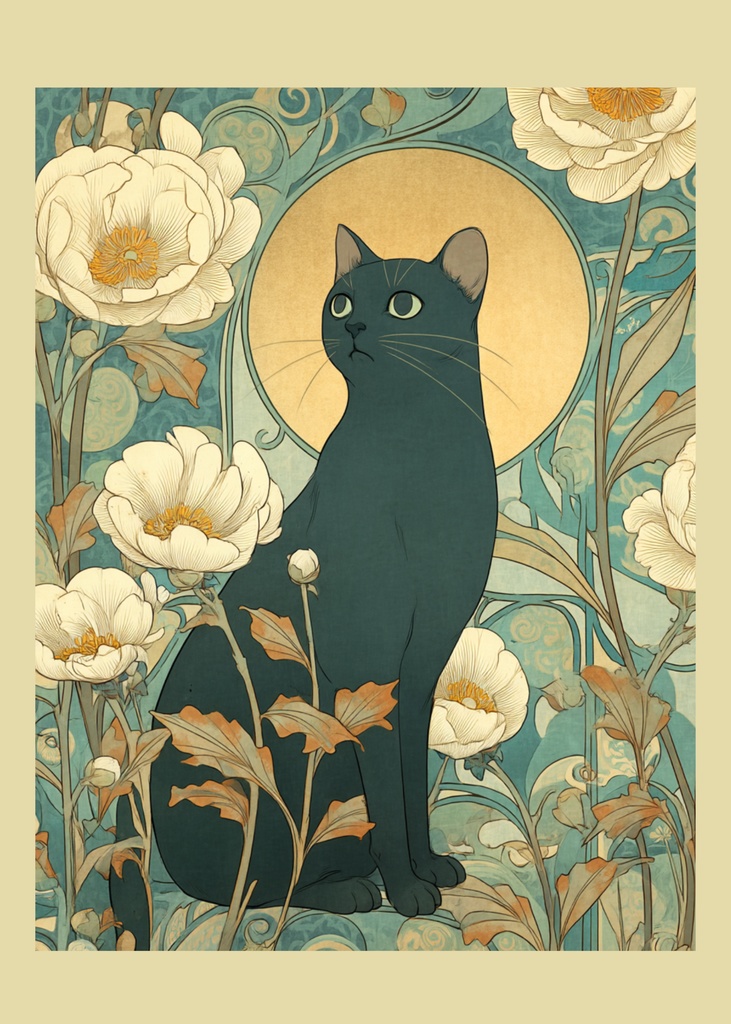 黒猫と花輪の和モダンイラスト|同人誌表紙素材(余白3種)|A4ポスター印刷用付