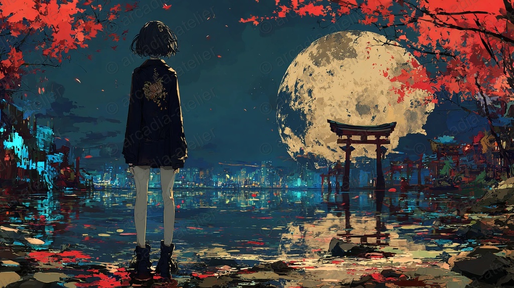 【無料】和風ダークファンタジー壁紙｜月夜の鳥居 PC・スマホ対応