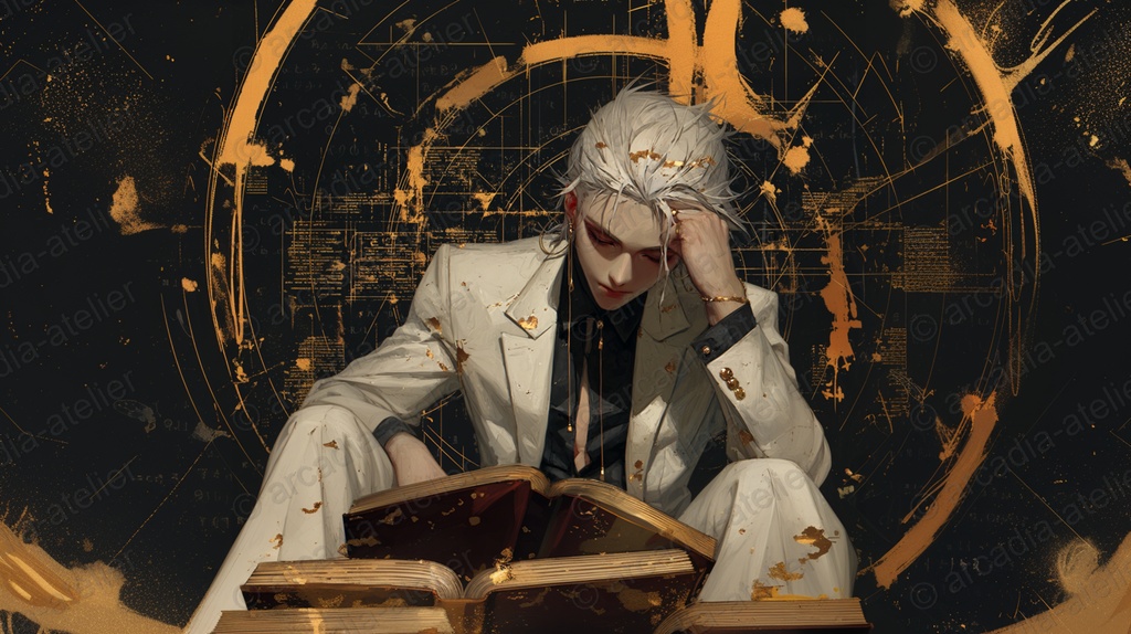 【無料】ダークファンタジー壁紙｜PC・スマホ対応｜白髪の魔導学者と禁書