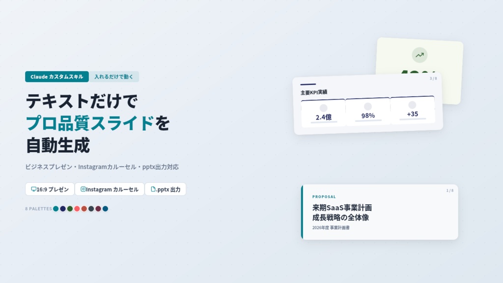 Claudeスキル｜テキストだけでプロ品質スライドを生成（プレゼン＋Instagramカルーセル対応）