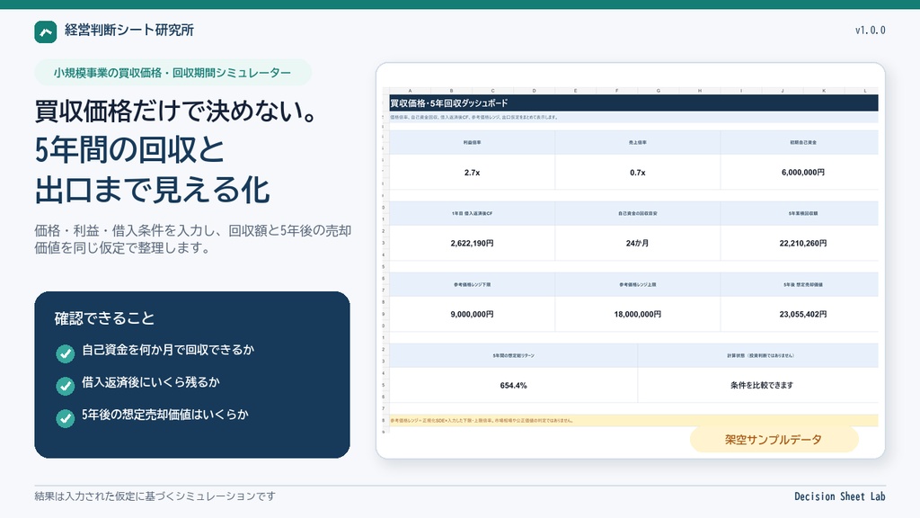 小規模事業の買収価格・5年回収シミュレーター|Excel・Google Sheets