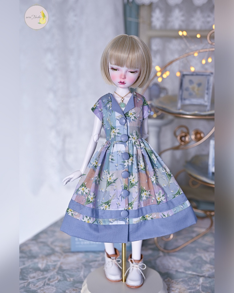 【the 1950s】くるみボタンの開襟ワンピース/twilight lavender