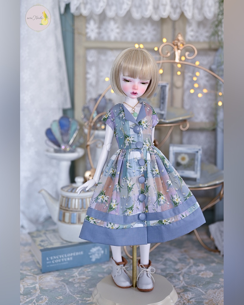 【the 1950s】くるみボタンの開襟ワンピース/twilight lavender