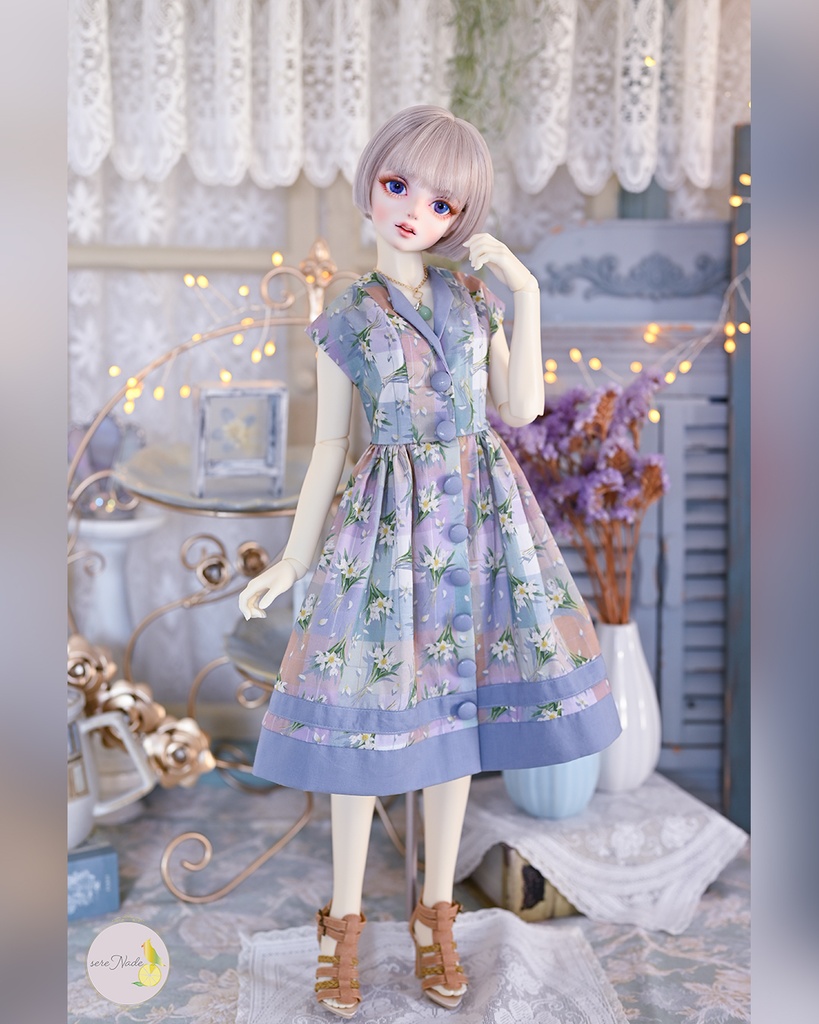 【the 1950s】くるみボタンの開襟ワンピース/twilight lavender