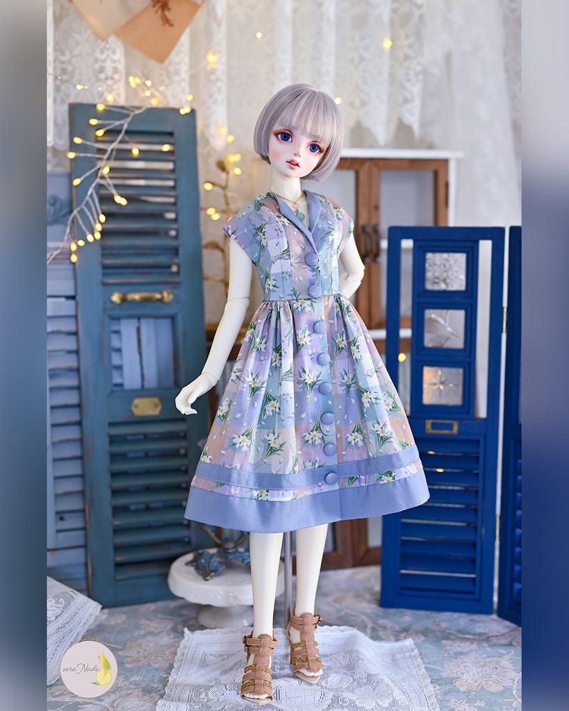 【the 1950s】くるみボタンの開襟ワンピース/twilight lavender