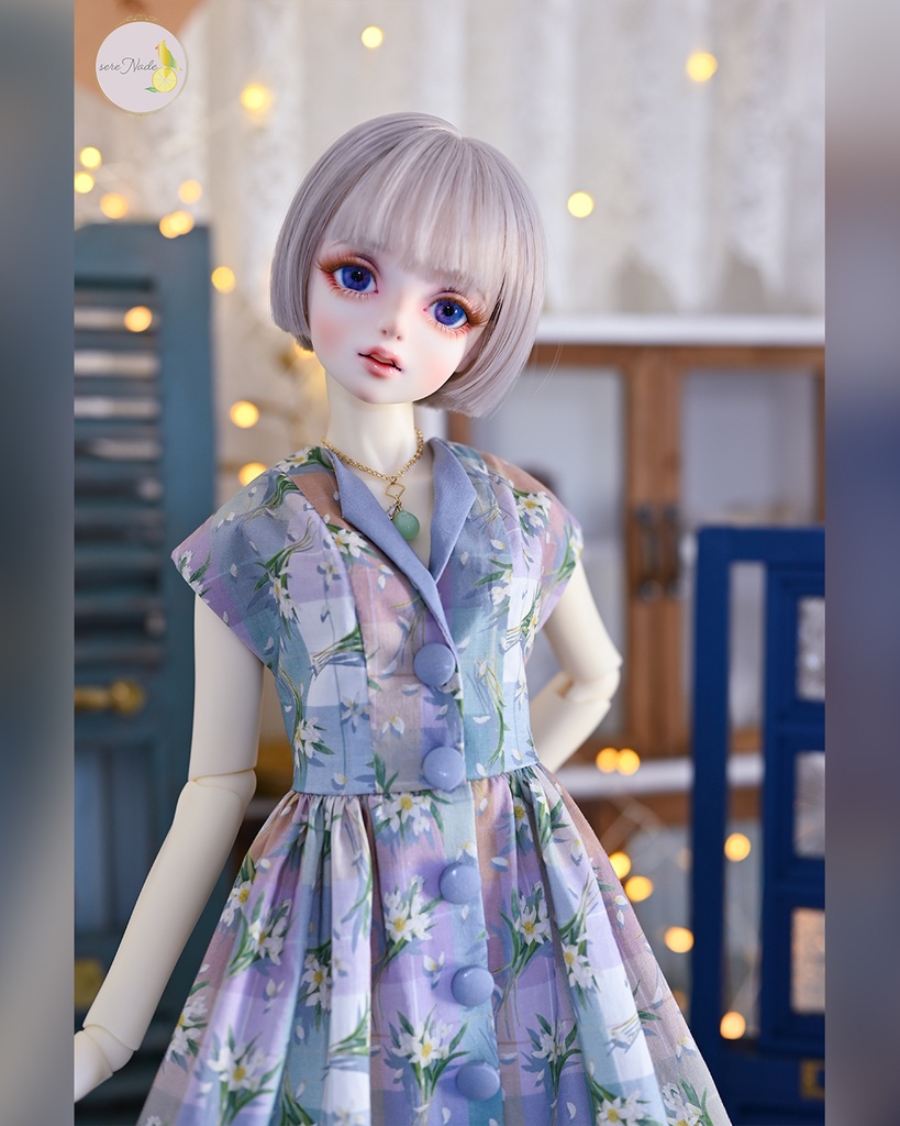 【the 1950s】くるみボタンの開襟ワンピース/twilight lavender