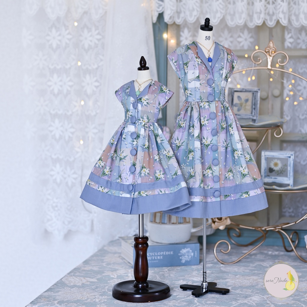 【the 1950s】くるみボタンの開襟ワンピース/twilight lavender