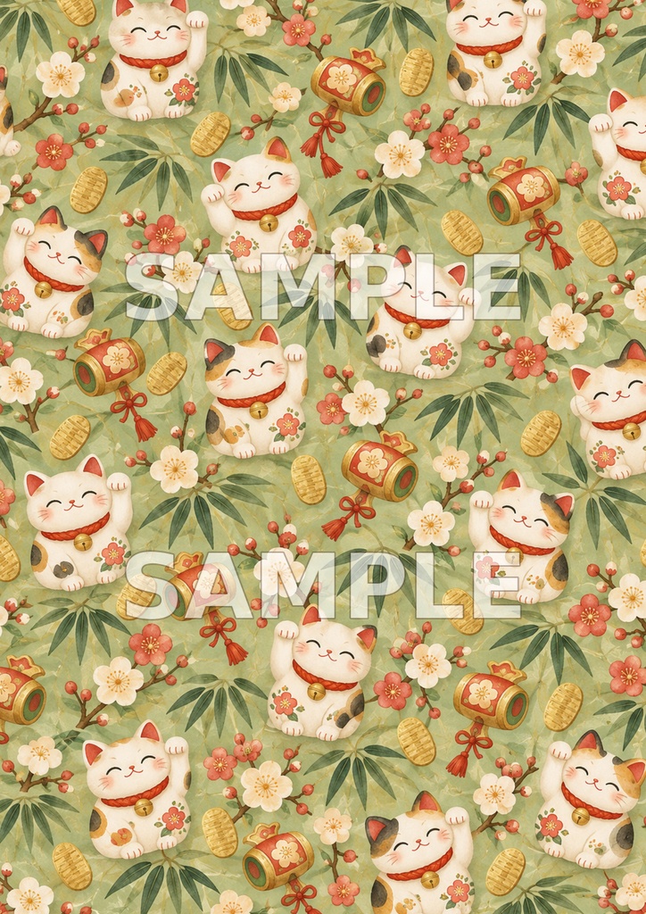 招き猫の福あつめ|和柄デジタルペーパー5柄 Maneki-neko Good Fortune Collection | 5 Japanese Digital Papers