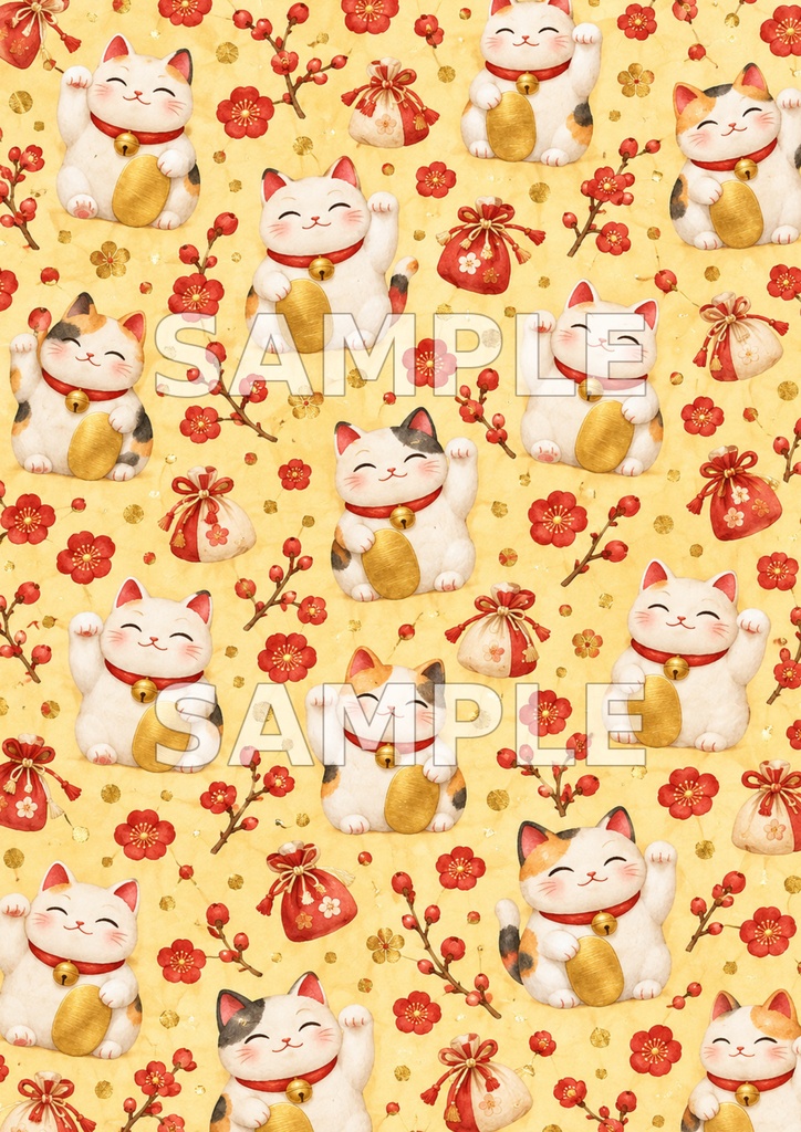 招き猫の福あつめ|和柄デジタルペーパー5柄 Maneki-neko Good Fortune Collection | 5 Japanese Digital Papers
