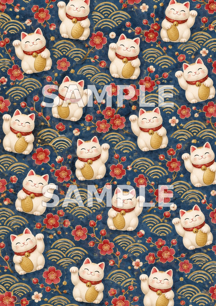 招き猫の福あつめ|和柄デジタルペーパー5柄 Maneki-neko Good Fortune Collection | 5 Japanese Digital Papers