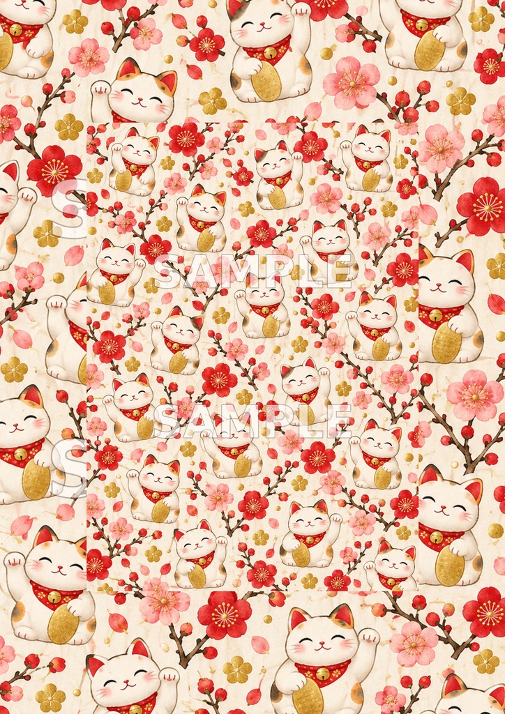 　招き猫の福あつめ｜和柄デジタルペーパー5柄 Maneki-neko Good Fortune Collection | 5 Japanese Digital Papers