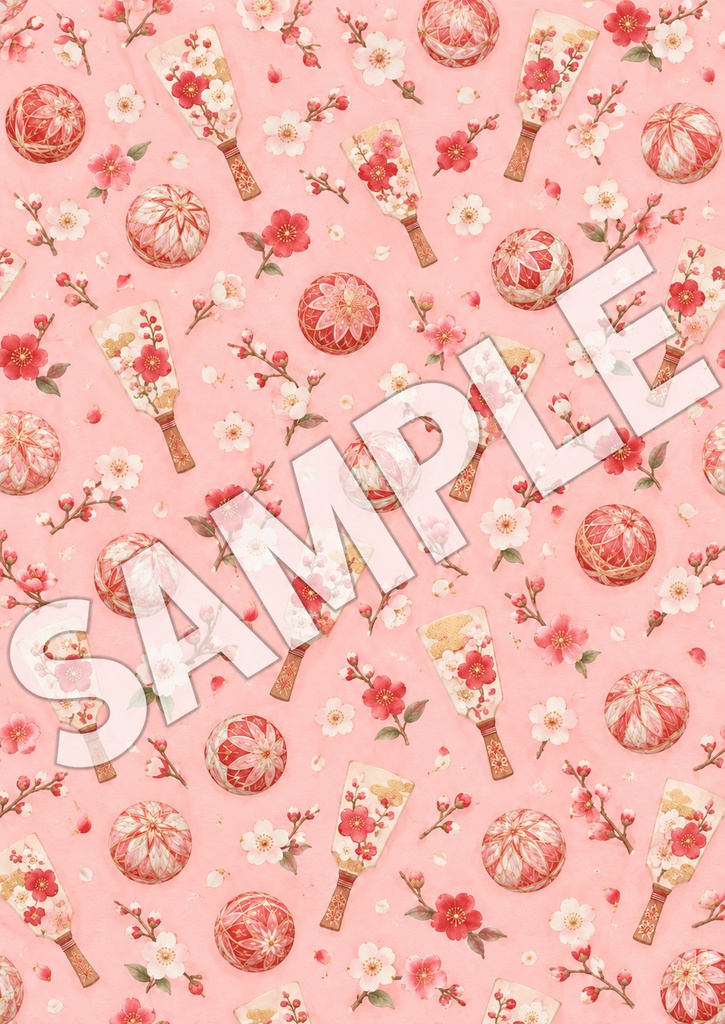 羽子板と手まりの花あそび|和柄ペーパー5柄 Floral Hagoita & Temari | 5 Japanese Digital Papers