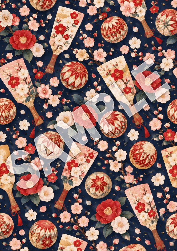 羽子板と手まりの花あそび|和柄ペーパー5柄 Floral Hagoita & Temari | 5 Japanese Digital Papers