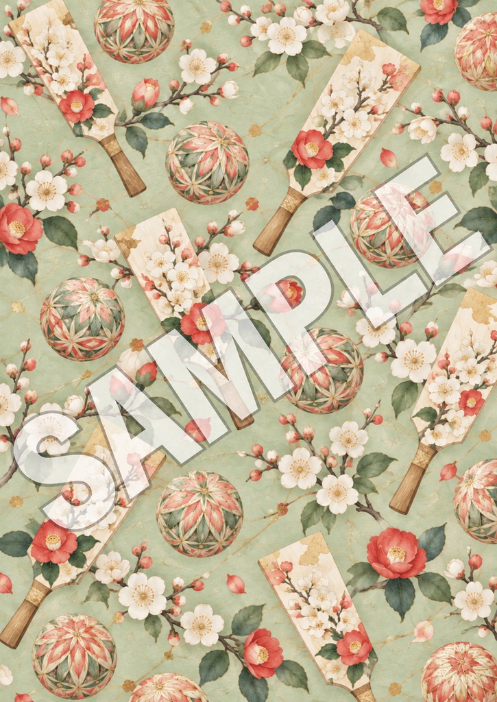 羽子板と手まりの花あそび|和柄ペーパー5柄 Floral Hagoita & Temari | 5 Japanese Digital Papers