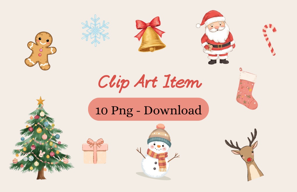 かわいいクリスマスクリップアート10種セット/ 手描き風パステルカラー素材【PNG・背景透過】