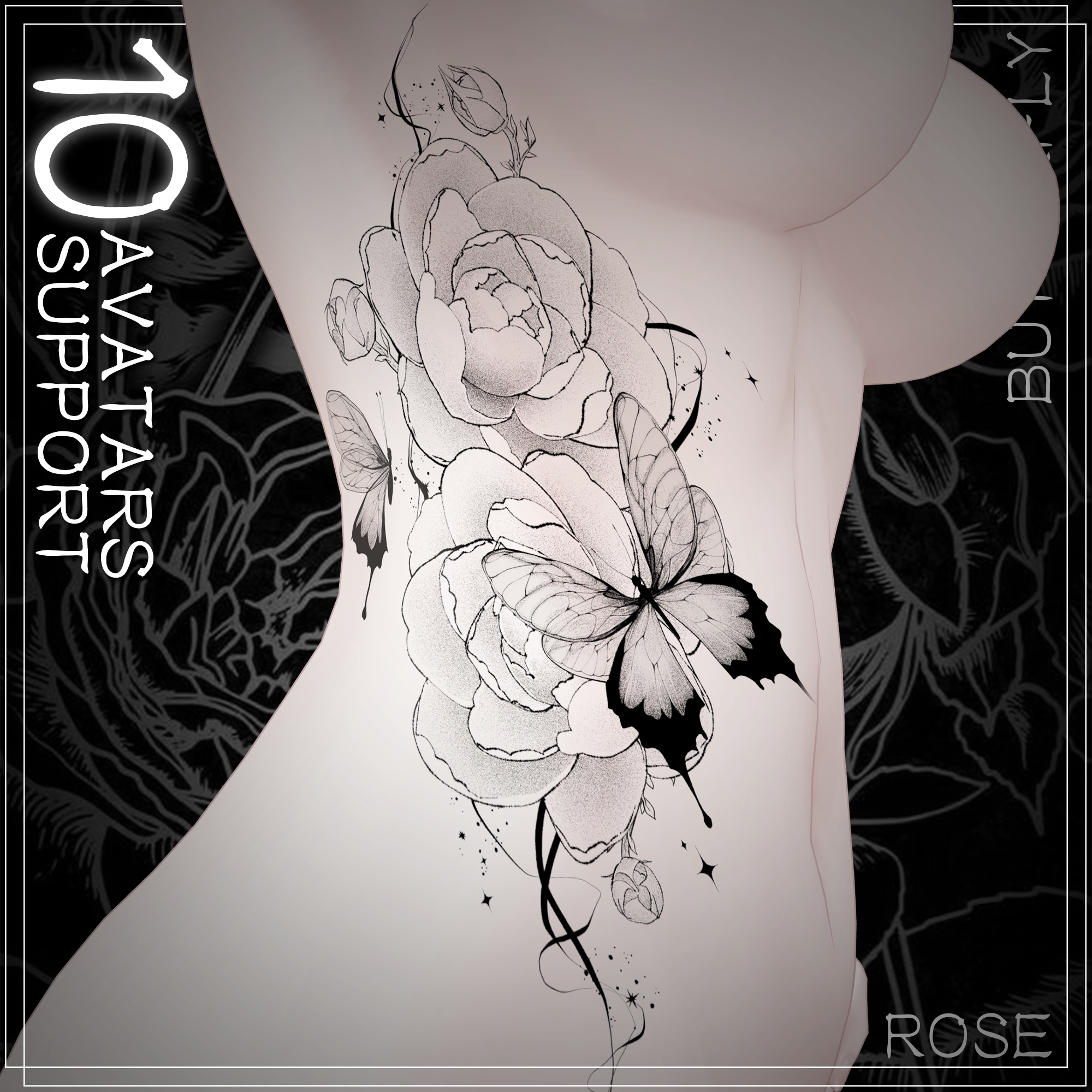 蝶と薔薇のタトゥー 10アバター対応(森羅/桔梗/萌/マヌカ/しお/愛莉/しなの/マリシア/ミルティナ/ルミナ)[デカール]