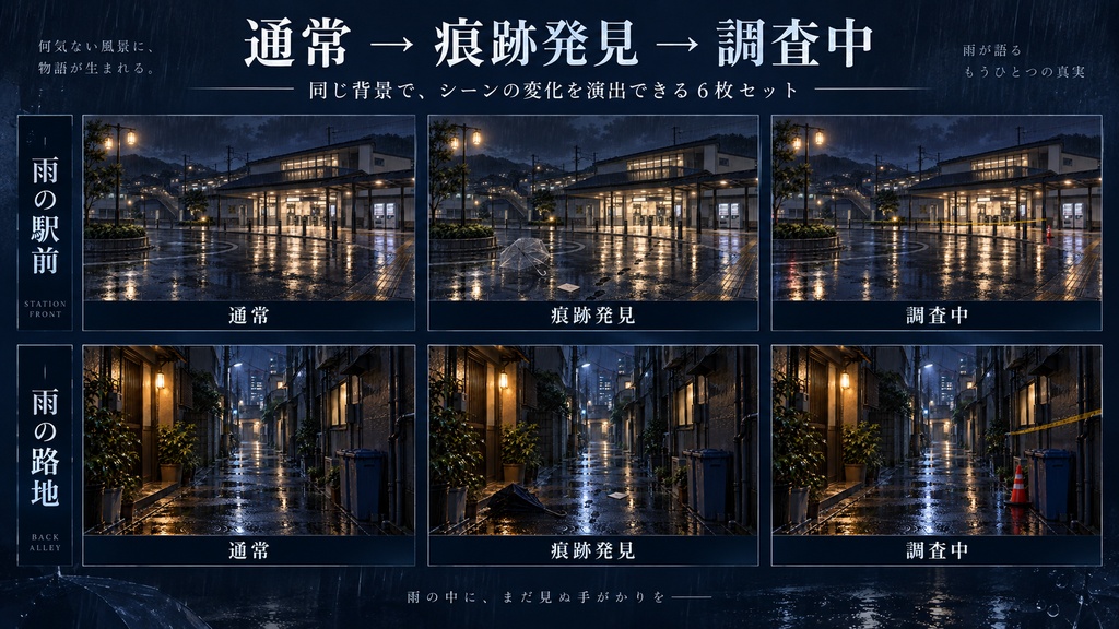 【無料背景6枚】雨夜の事件簿 FREE|通常→痕跡発見→調査中|現代ミステリー背景素材【TRPG・マダミス】