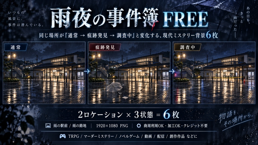 【無料背景6枚】雨夜の事件簿 FREE｜通常→痕跡発見→調査中｜現代ミステリー背景素材【TRPG・マダミス】