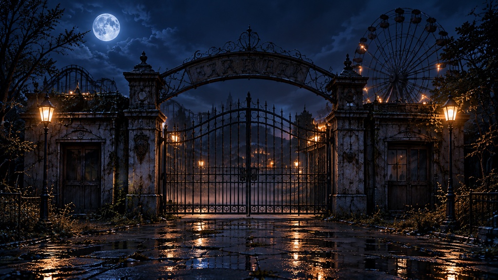 【無料背景素材】月夜の廃遊園地|閉園後に灯る場所|FREE SAMPLE