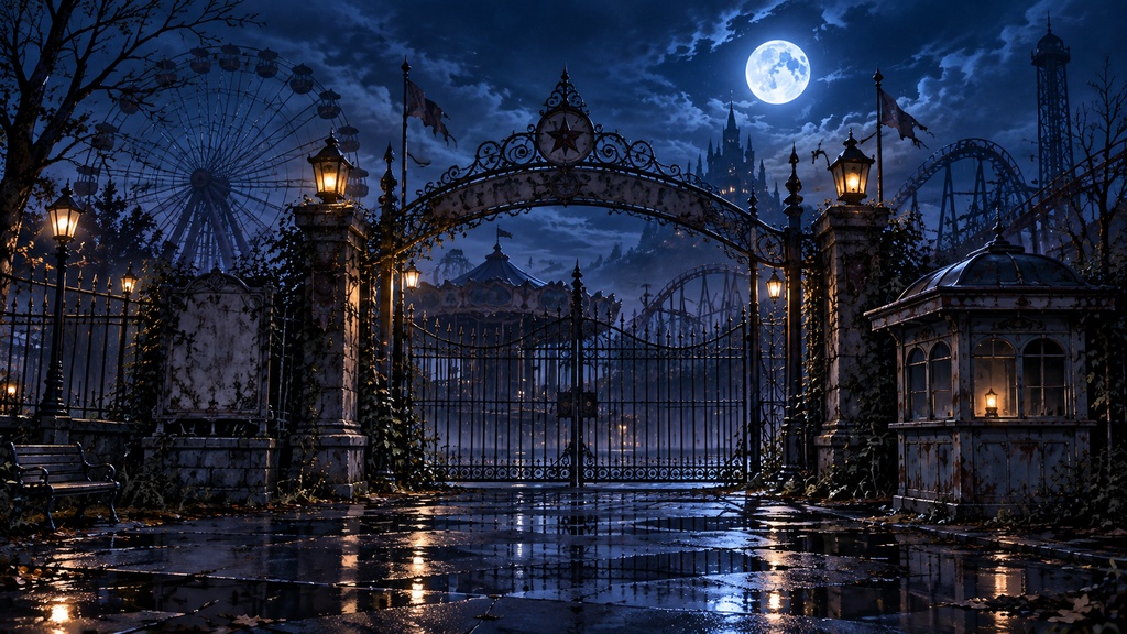 【無料背景素材】月夜の廃遊園地｜閉園後に灯る場所｜FREE SAMPLE