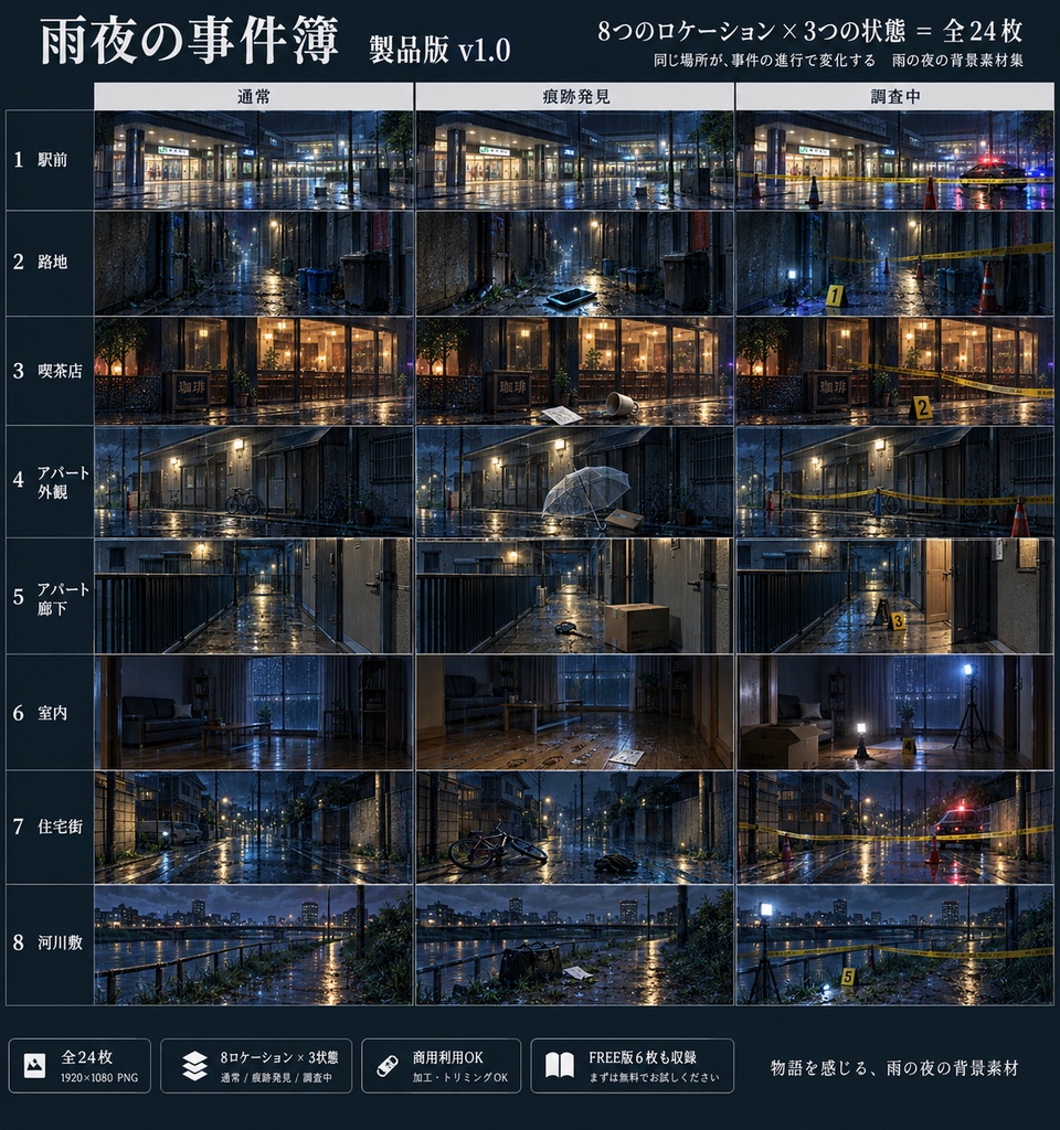 【背景24枚】雨夜の事件簿|通常→痕跡発見→調査中|現代ミステリー背景素材【TRPG・マダミス】