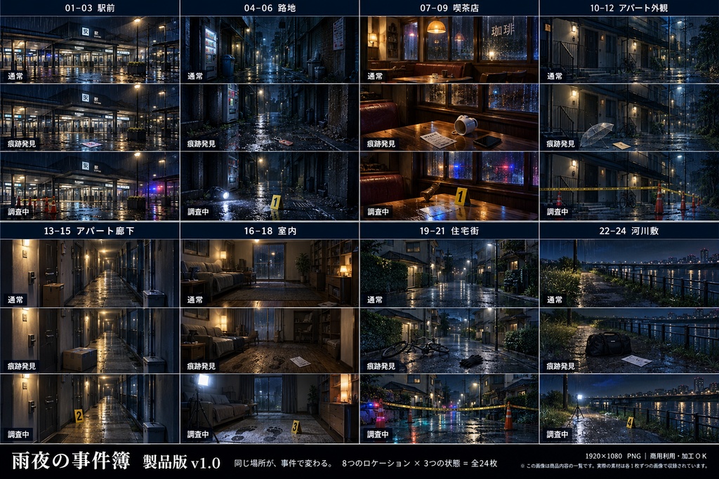 【背景24枚】雨夜の事件簿|通常→痕跡発見→調査中|現代ミステリー背景素材【TRPG・マダミス】