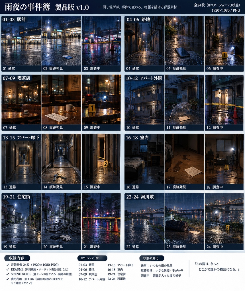 【背景24枚】雨夜の事件簿｜通常→痕跡発見→調査中｜現代ミステリー背景素材【TRPG・マダミス】