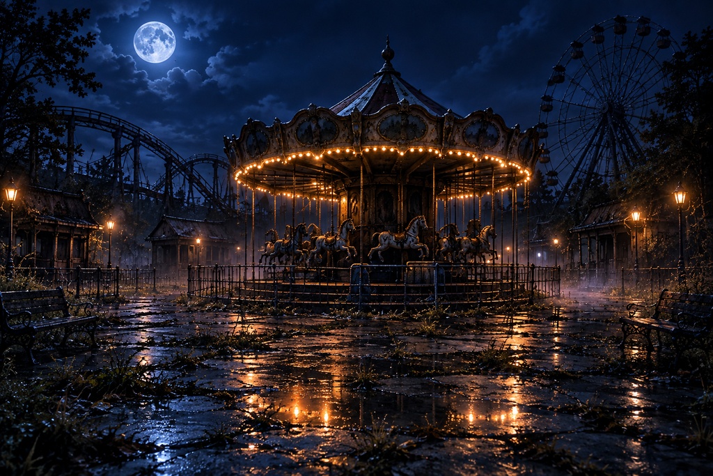 【背景9枚】月夜の廃遊園地｜閉園後に灯る場所｜STANDARD