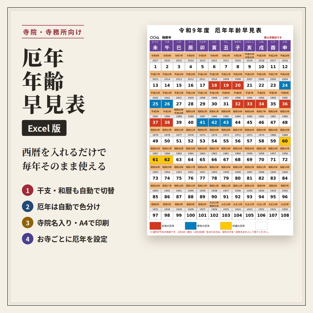 「厄年年齢早見表【Excel版】西暦を入れるだけで毎年使える」
