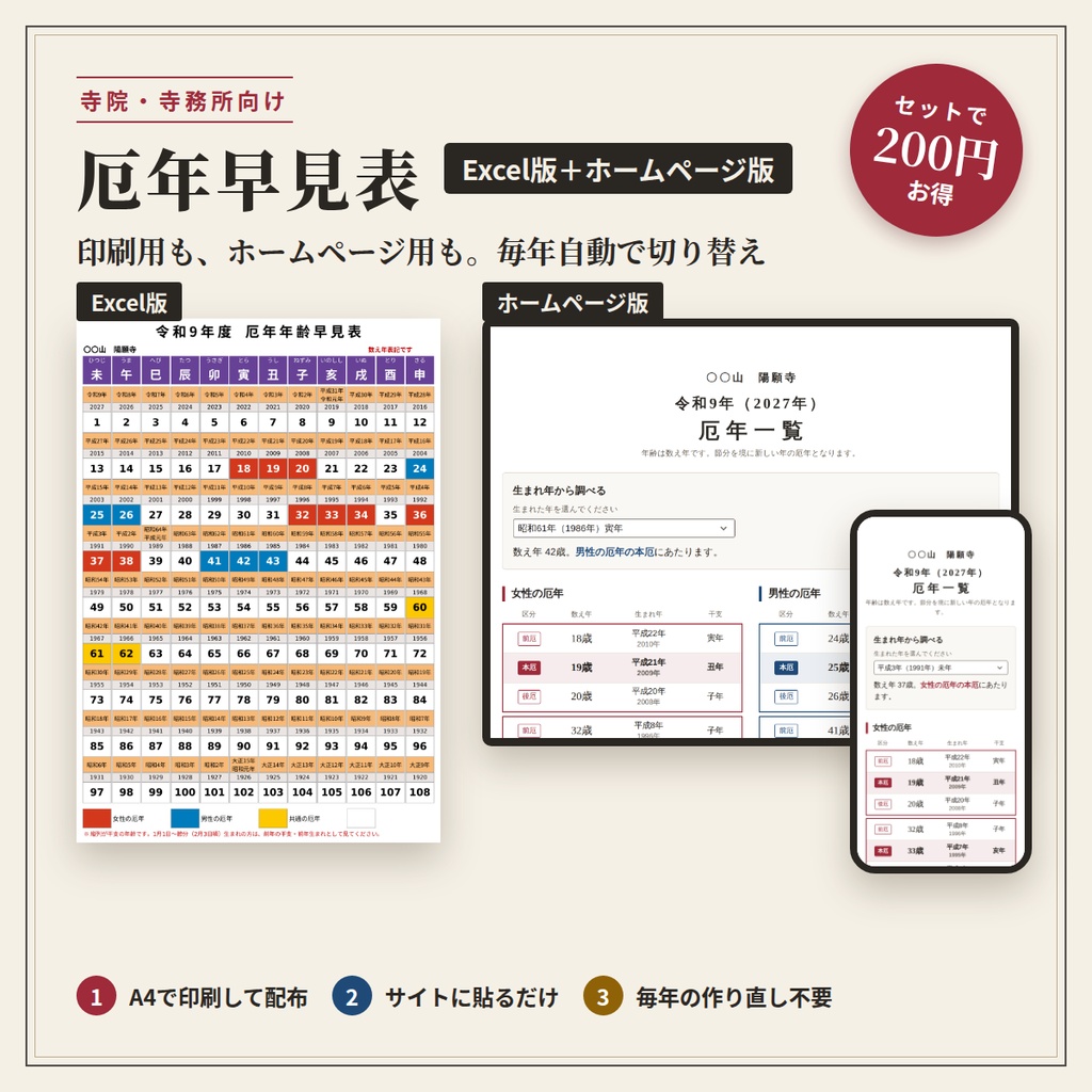 「厄年早見表」「Excel版＋ホームページ版」セット