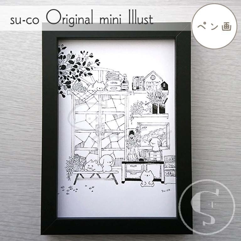 【ハガキ判原画】ペン画:ステンドグラス窓とイヌ